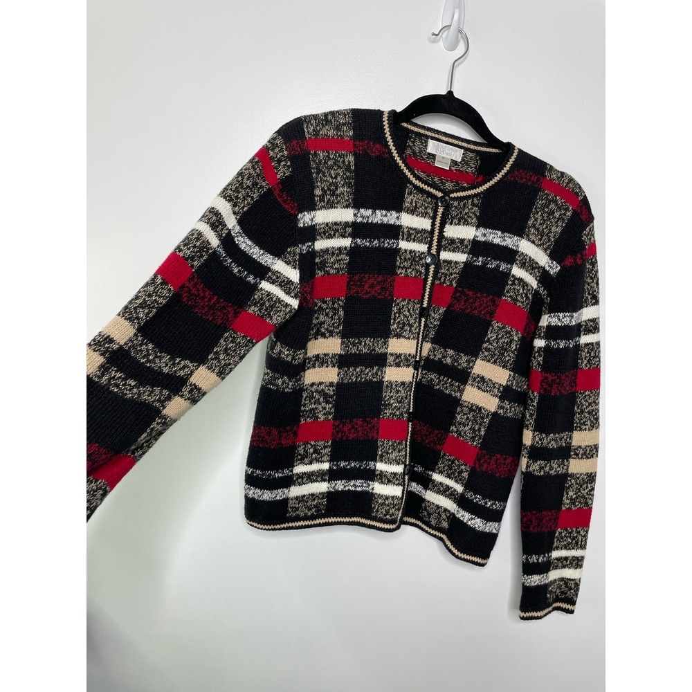 Christopher & Banks Women Plaid Button Front Cardigan Black Red Old Money Prep M - Picture 5 of 10